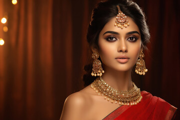 Beautiful Indian woman in traditional saree and jewelry.