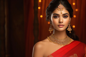 Beautiful Indian woman in traditional saree and jewelry.