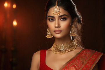 Beautiful Indian woman in traditional saree and jewelry.