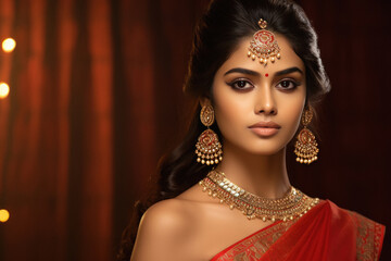Fototapeta premium Beautiful Indian woman in traditional saree and jewelry.