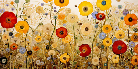 Beautiful textured background with flowers in Art Nouveau, jugendstil painting style.
