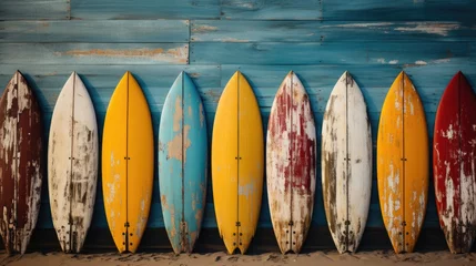 Foto op Canvas Vintage surfing boards with cracked paint interior restaurants background © StasySin