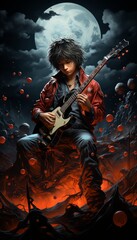 Rock and roll guitarist, guy musician plays the bass guitar against the backdrop of the night moon. Young talented rock performer. Made in AI
