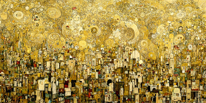 Vintage abstract cityscape artwork in art nouveau painting style, textured gold.	