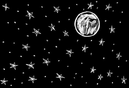 on a black background, the moon and stars are white