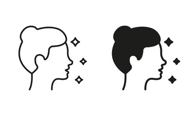 Woman Profile with Shine Skin Line and Silhouette Black Icon Set. Lady with Beauty Face and Hairstyle Pictogram. Female Face in Side View Symbol Collection. Isolated Vector Illustration