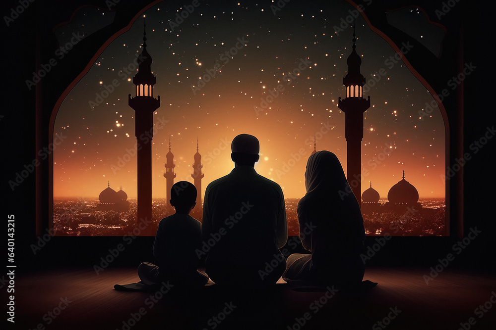 Wall mural islamic family looking moon and star from window. ramadan eid festival.