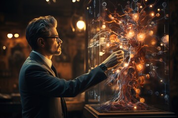 Scientist using digital futuristic interface in modern science laboratory. Generative AI