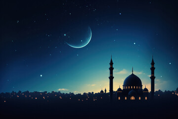 Mosques Dome on dark blue twilight sky and Crescent Moon on background