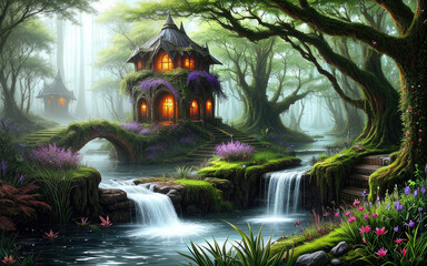 Fantasy concept background of hidden mysterious house on river environment in the forest