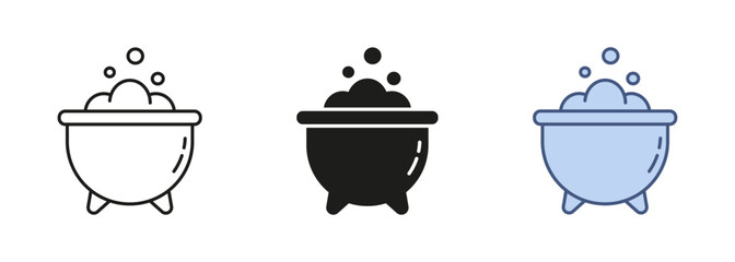 Cauldron with Bubbling Potion Line and Silhouette Icon Set, Halloween Decorations. Witches Cauldron Pictogram. Magicians Pot with Brew Black and Color Symbol Collection. Isolated Vector Illustration