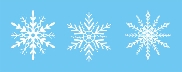 Set of white snowflakes icons. Beautiful decoration snowflakes collection. New year and winter design elements, frozen symbol. Hand drawn snowflake isolated on blue background. Vector illustration