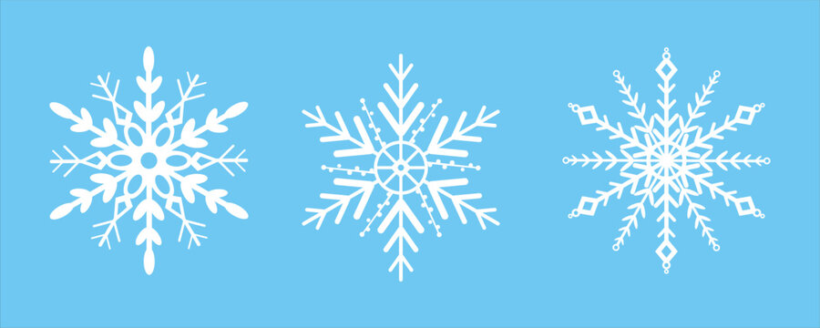 Set of white snowflakes icons. Beautiful decoration snowflakes collection. New year and winter design elements, frozen symbol. Hand drawn snowflake isolated on blue background. Vector illustration