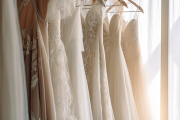 Wedding dresses, embellished with lace and silk, radiate beauty and luxury, embodying the purity of a special day.