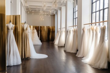 A beautiful and stylish bridal boutique with a minimalist décor featuring windows and chandeliers displaying rows of bridal gowns.