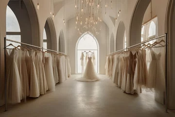 Foto auf Acrylglas Schönheitssalon Luxurious and elegant bridal boutique with wedding dresses hanging on hangers.