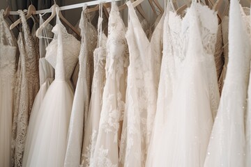 A beautiful and romantic collection of white wedding dresses hangs on a hanger in a fashion boutique.