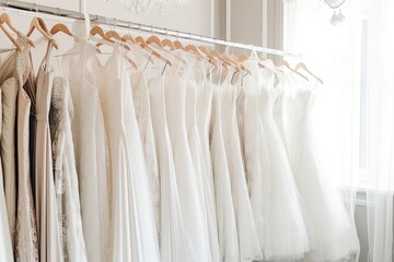 Dreamy and elegant collection of white wedding dresses in different styles and designs hanging on a hanger in a shop.