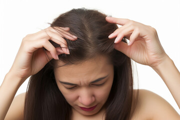 Naklejka premium Person adult scalp female beauty young care health hand hair women white problem head