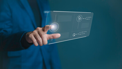 Connecting innovation and security. A businessman's touch unlocks of virtual. Explore the future with holographic displays, digital connections, and smart interfaces. Tomorrow's tech, today.