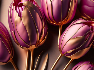 pink tulips on purple background with gold leaves