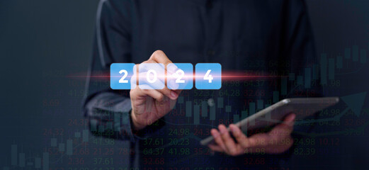 the Future Businessman Navigating 2024 Tech, Vision of growth Businessman harnesses technology's potential for 2024 and beyond. A portrait of digital progress and modernity.