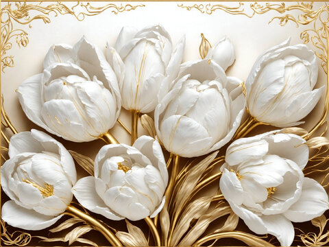white tulips in gold frame with gold border