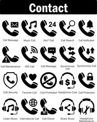A set of 20 contact icons as call message, music call, 27x7 call