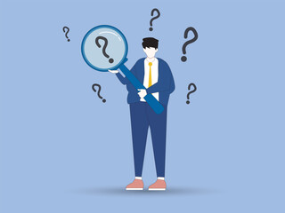 Obraz premium Frequently asked questions, query, investigation concept. Young businessman cartoon character holding magnifying glass and looking through searching for information vector illustration.