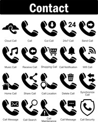 A set of 20 contact icons as cloud call, call, cut call, 24x7 call