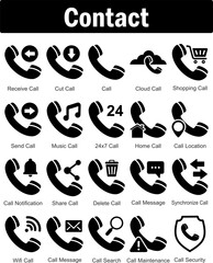 A set of 20 contact icons as receive call, cut call, call