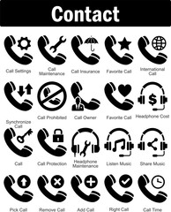 A set of 20 contact icons as call settings, call maintenance, call insurance