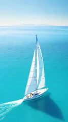Schilderijen op glas Aerial image of beautiful sailboat cruising in blue open ocean. Luxury white yacht. Generative AI © AngrySun