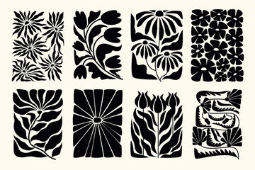 Matisse floral posters. Abstract art print with nature floral elements, retro scandinavian boho groovy abstract art. Vector set