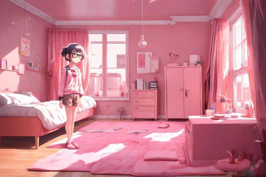 cute anime girl standing in her bedroom and every thing in bedroom is pink 4k HD Ultra High quality photo.