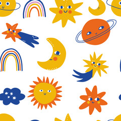 Childish hand-drawn seamless repeating color simple flat pattern with different planets and stars on a white background. Seamless pattern with planets.