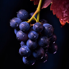 Bunch of black grapes with drops of water on a dark background