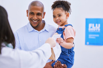 Pharmacist, father and child with medicine in pharmacy, pills or supplements, sick with help and...