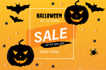 Advertising orange banner for Halloween autumn sale, poster with halloween 31 st October sale up to 50 percent off shop now inscription, placard decorated with pumpkins spider and flying bats.