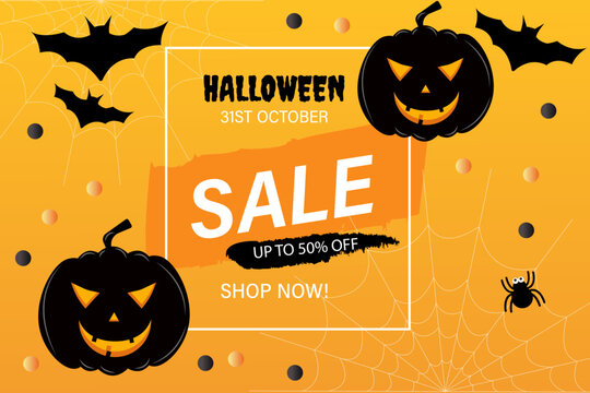 Advertising orange banner for Halloween autumn sale, poster with halloween 31 st October sale up to 50 percent off shop now inscription, placard decorated with pumpkins spider and flying bats.