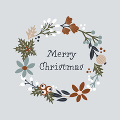 Vector Christmas wreath on gray background. Scandinavian style illustration. Merry Christmas slogan inscription. Christmas Greeting Card, New year.