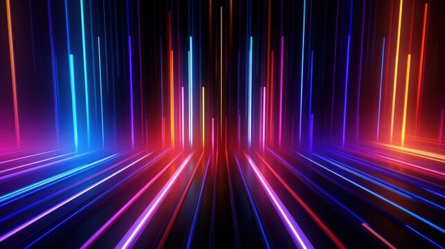 3d render abstract geometric background of colorful neon lines glowing in the dark futuristic wallpaper. © ant