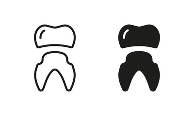 Dental Crown Silhouette and Line Icons Set. Oral Care, Teeth Protection Implant Pictogram. Orthodontic Denture, Tooth Crown. Dental Treatment Black Symbol Collection. Isolated Vector Illustration