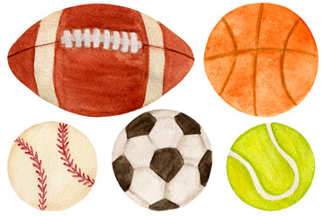 Watercolor sport set, various balls for sport games, isolated on white background. For sport products, school, card etc.