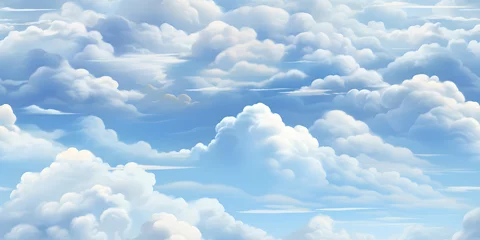 Poster Blue sky with white clouds in seamless repeat pattern design. Cartoon clouds on sky blue background for children's bedroom wallpaper. Fluffy clouds on solid background Generative Ai © Vladislav
