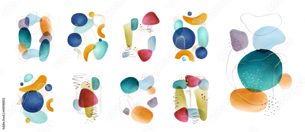 Poster watercolor fluid shapes, blobs and brushes, frames and abstract composition design. geometric and sh