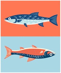 Fish in retro- illustration design. Bold colours. Wood print style. AI generated digital design. 