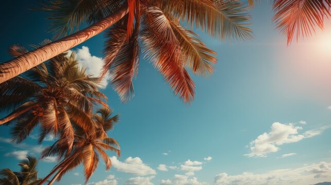Blue sky and palm trees view from below tropical beach and summer background.