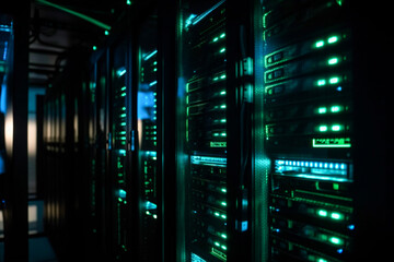 Cutting-Edge Data Processing. Supercomputers and server racks in a technological room. Advanced lab arrangement. Corridor inside a buzzing data center.