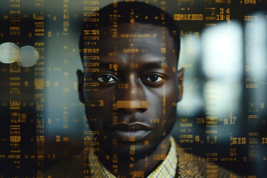 business businessman office meeting man portrait digital technology code computer internet information cyber binary security communication generative ai